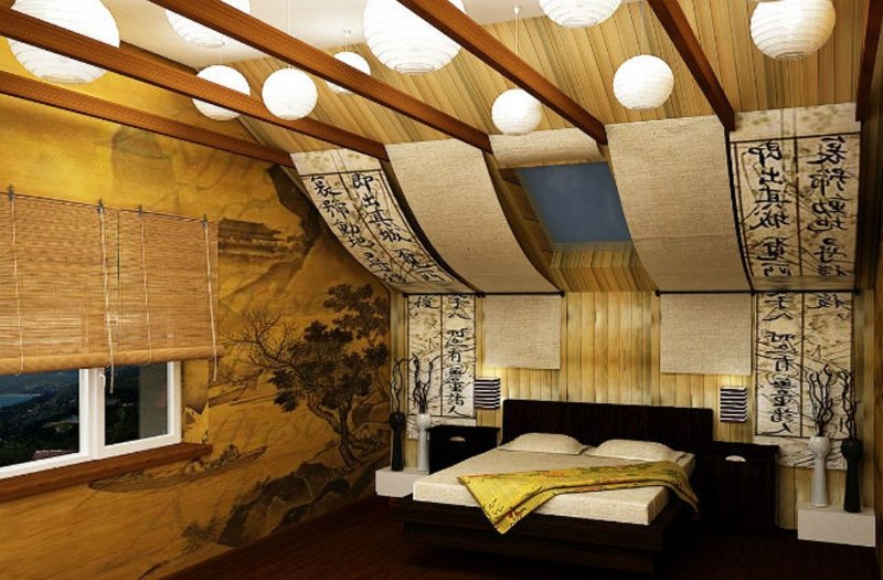 Rytietiško stiliaus nedidelio miegamojo interjeras.