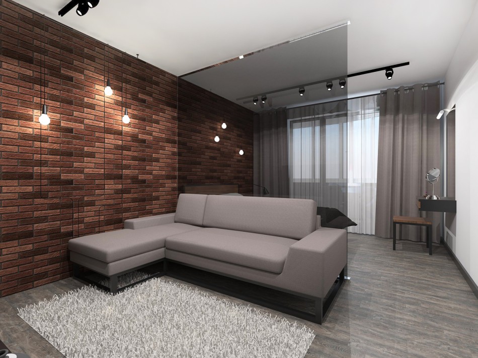 Glazen scheidingswand in een studio-appartement in een paneelhuis uit de p44t-serie
