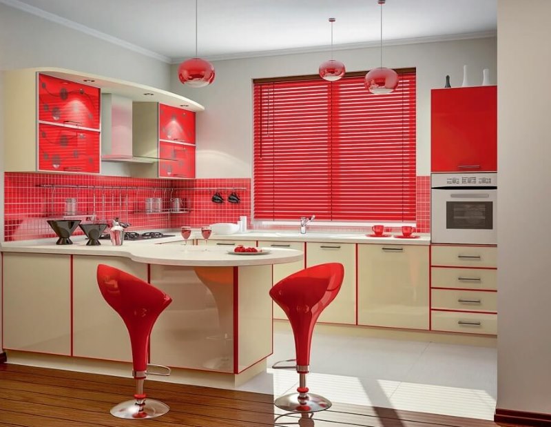 Crveni barski stolci u bijeloj kuhinji