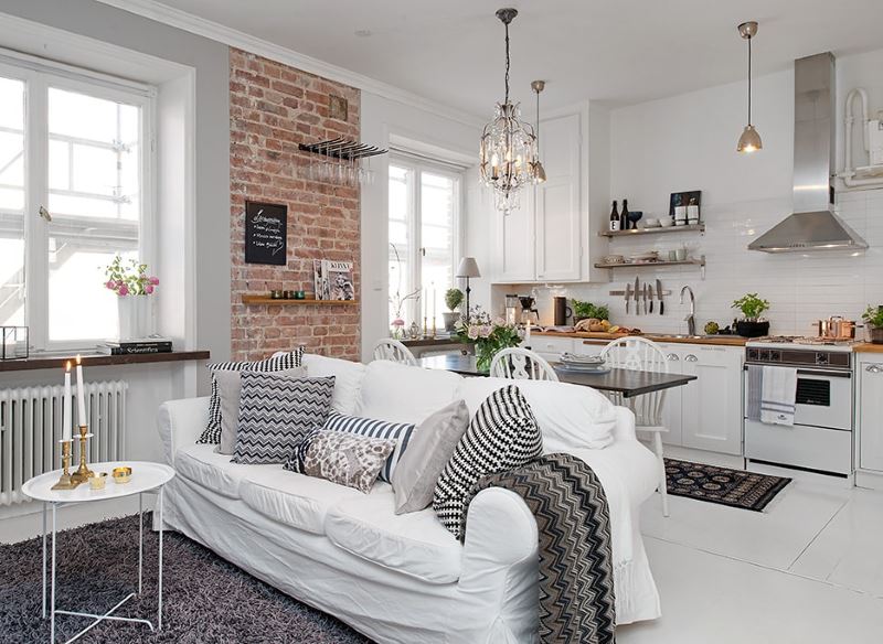 Dizaina virtuves dzīvojamā platība 16 kvadrātmetri baltā krāsā