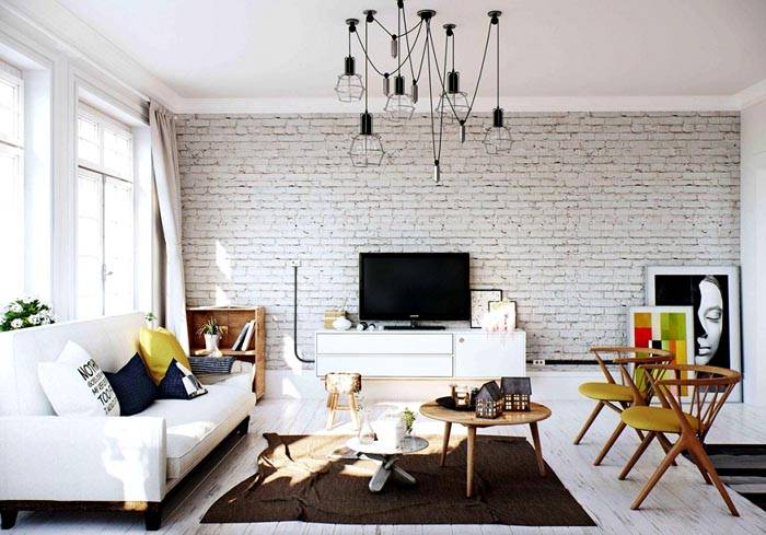 Interiér obývacího pokoje ve skandinávském stylu sněhově bílé