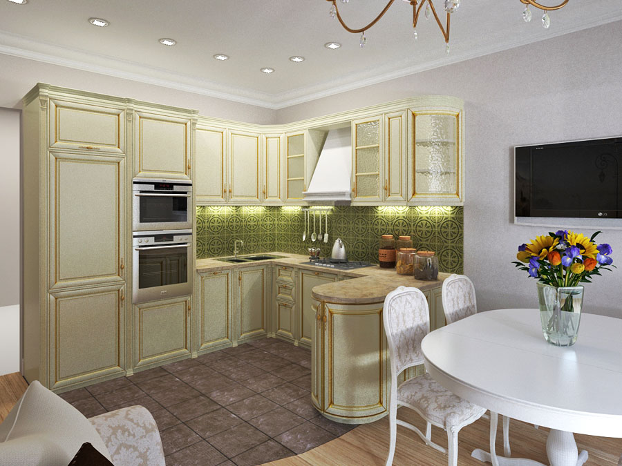Ontwerp van een kleine woonkamer keuken in een klassieke stijl