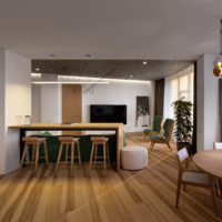 Mediena modernios virtuvės-svetainės interjere