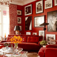 Картини върху червената стена в хола
