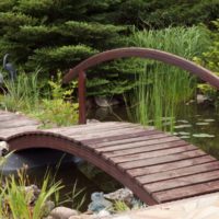 Een brug van planken over een tuin stroom