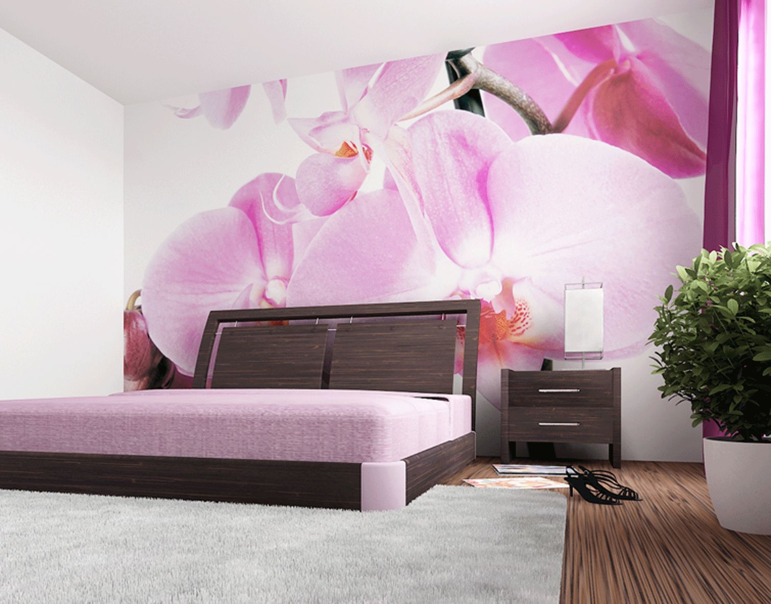 Sienų freska su didelėmis gėlėmis miegamojo interjere