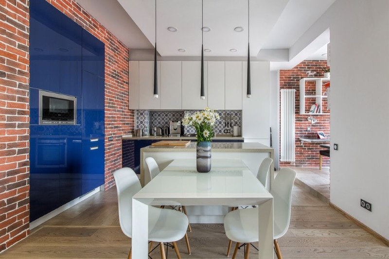 Plytų siena į virtuvės-svetainė dizainas šiuolaikiška stiliaus