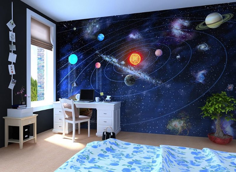 Kosmosa stila bērnu istabas interjers