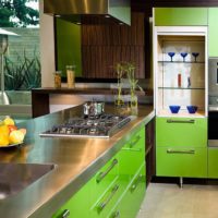 Nerūdijančio plieno stalviršis ir žali virtuvės komplekto priekiai