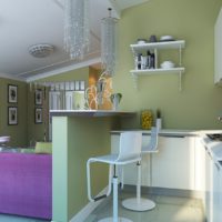 Kombinacija zelene i ljubičaste u kuhinji-dnevnoj sobi