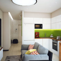 Interiorul unei mici bucătării-living cu o canapea gri