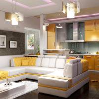 Oranje meubels in een moderne keuken-woonkamer
