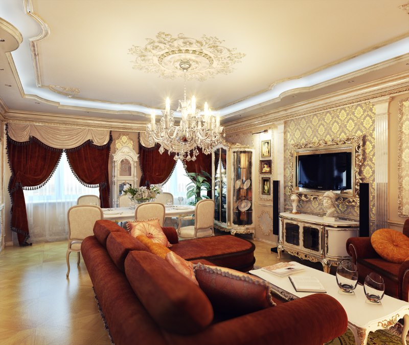 Candelabru în stil clasic pe tavanul sufrageriei