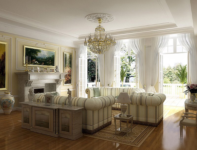 Čalouněný nábytek v interiéru klasického obývacího pokoje