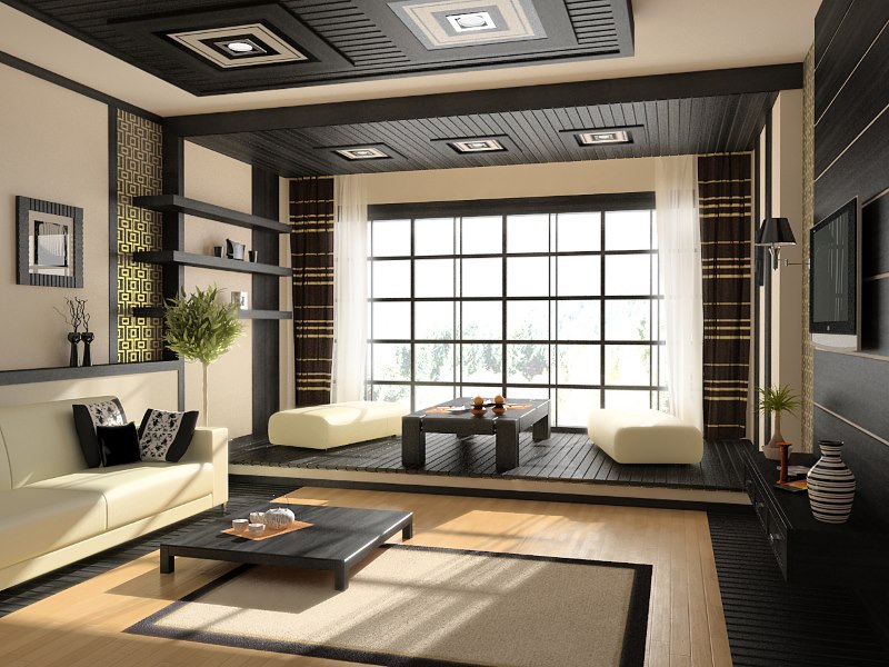 Ruang tamu sebuah rumah persendirian dalam gaya minimalis Jepun