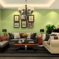 Black carpet in the living room with light green walls