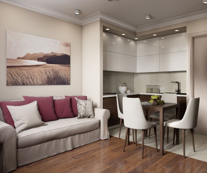Siva sofa i stol za blagovanje u kuhinji-dnevnoj sobi