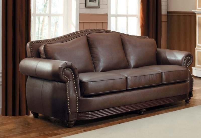 Sofa coklat gelap dengan upholsteri kulit tulen