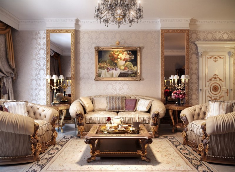 Dzīvojamās istabas sienu apdare ar tapetēm klasiskā stilā
