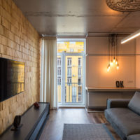 Dzīvojamās istabas bēniņu stila pilsētas dzīvokļa dizains