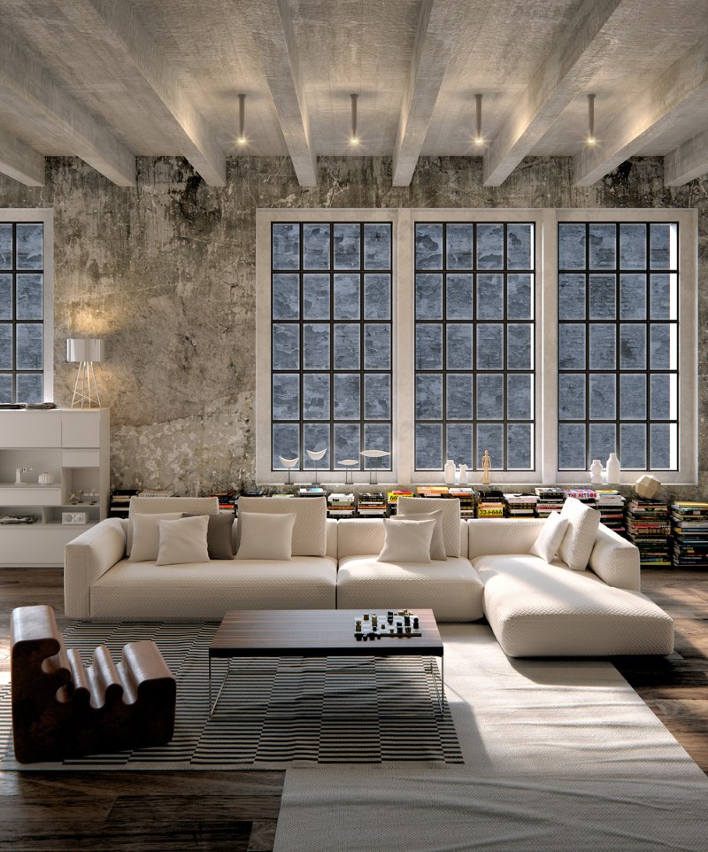 Betonový strop v interiéru obývacího pokoje ve stylu podkroví
