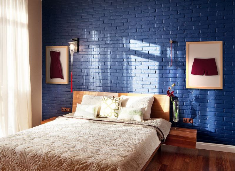 Bedroom interior with wallpaper bricks
