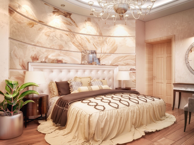Klasiskas guļamistabas interjers košās krāsās