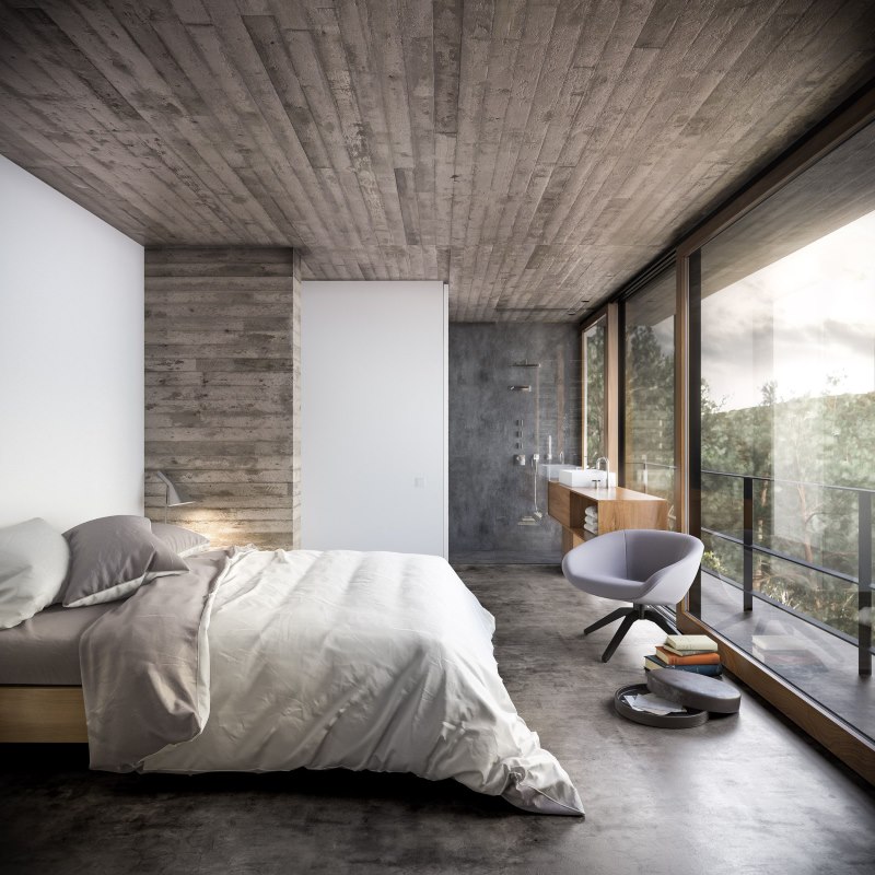 Интериор на спалнята с панорамни прозорци и дървен таван
