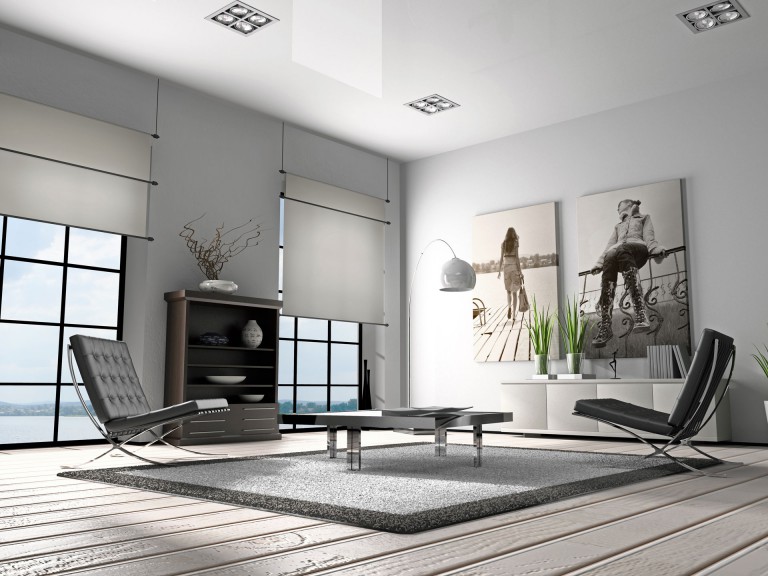 Camera de zi albă a unei case private în stilul minimalismului