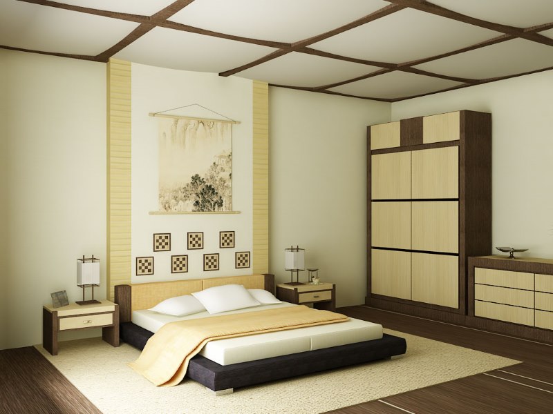 Japāņu stila moderns guļamistabas interjers