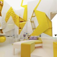 Design dormitor în galben și alb