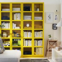 Boekenkast met gele planken