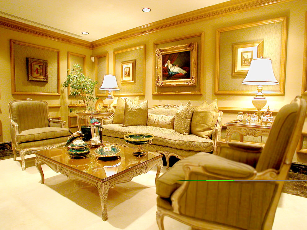 Dzīvojamās istabas dizains klasiskā stilā ar pārsvaru dzeltenās nokrāsās
