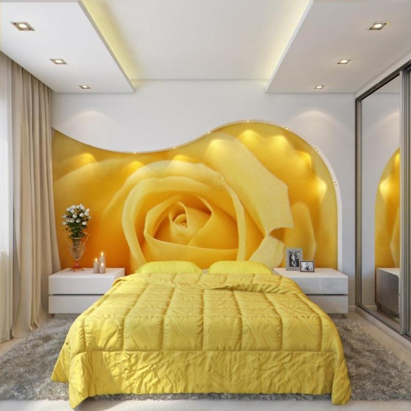 Dormitor minimalist galben și alb