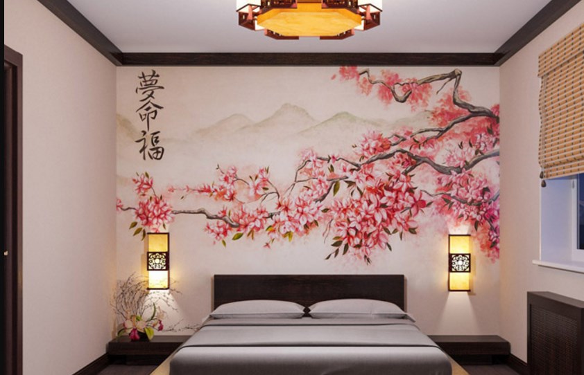 Sienų freskų dekoravimas siaurame miegamajame