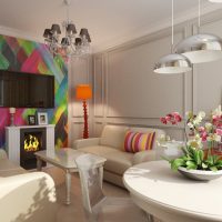 Design obývacího pokoje v pastelových barvách.