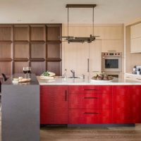 Pelēkās un sarkanās krāsas kombinācija virtuves interjerā