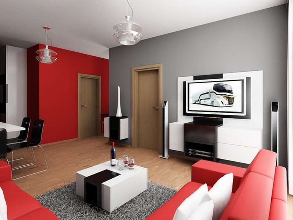 Sarkanā krāsa modernas istabas interjerā