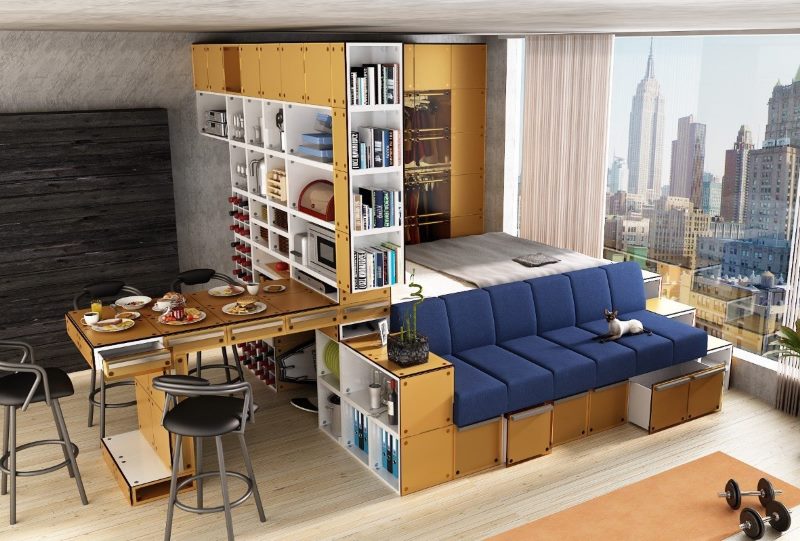 Modulāras mēbeles studijas tipa dzīvokļa interjerā