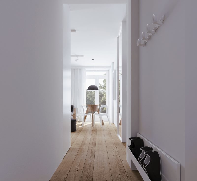 Бели стени на тесен коридор в минималистичен стил.
