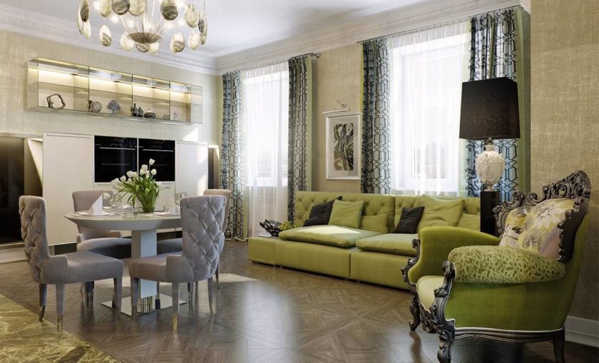 Dizaina privātmājas dzīvojamā istaba Art Deco stilā