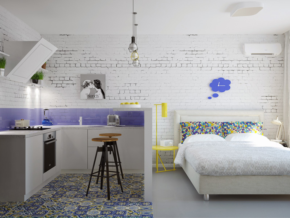 Baltā ķieģeļu siena nelielā bēniņu stila dzīvoklī
