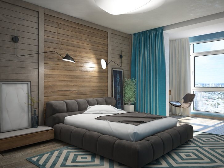 L'interno della camera da letto con imitazione del muro di legno