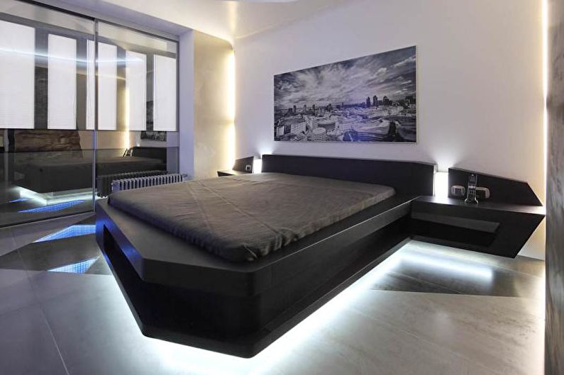 Augsto tehnoloģiju guļamistaba ar melnu gultu