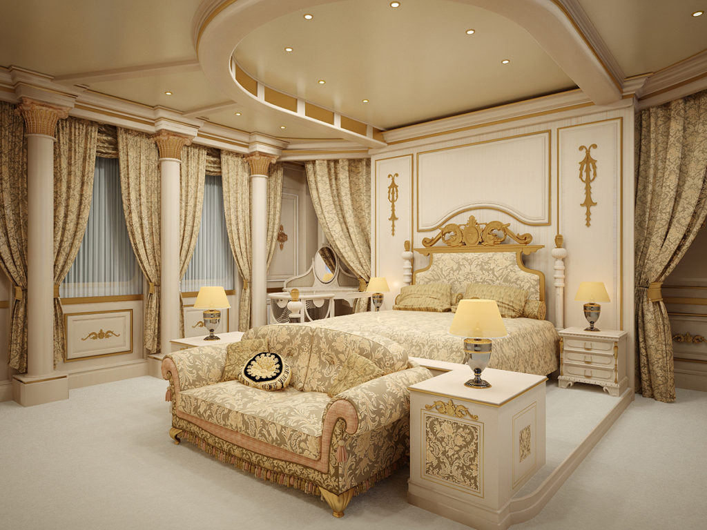 Gaišā impērijas stila guļamistaba