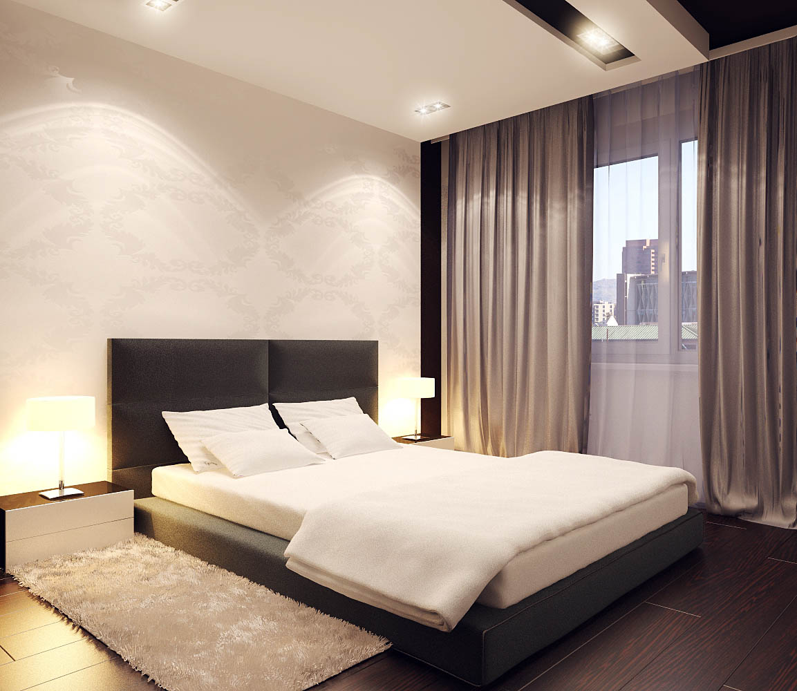 Tamsios tiesios užuolaidos minimalistinio stiliaus miegamajame
