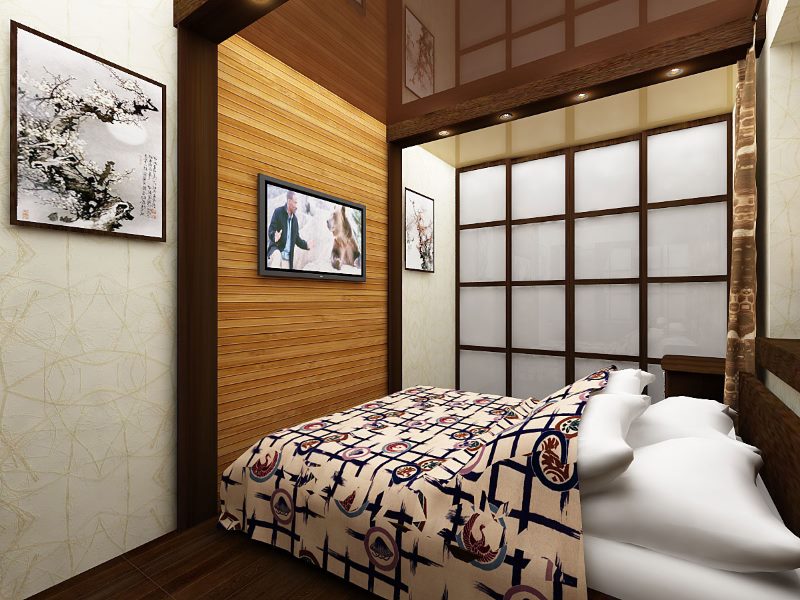 Japoniško stiliaus siauro miegamojo interjeras