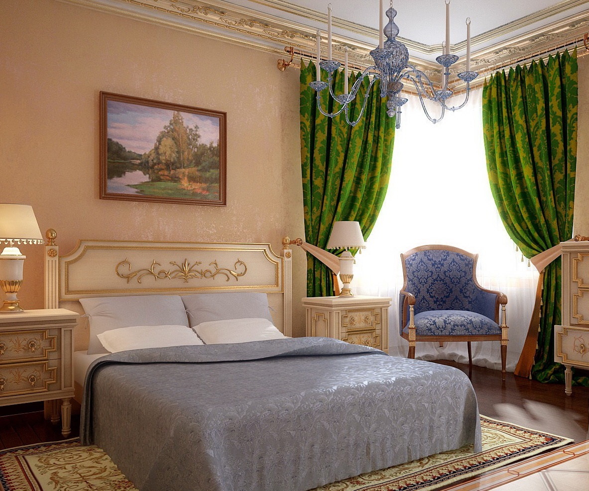 Dormitor în stil clasic, cu perdele verzi