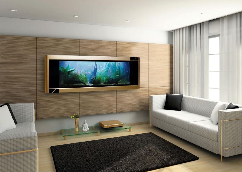 Interiér obývacího pokoje s obrázkem akvária na zdi