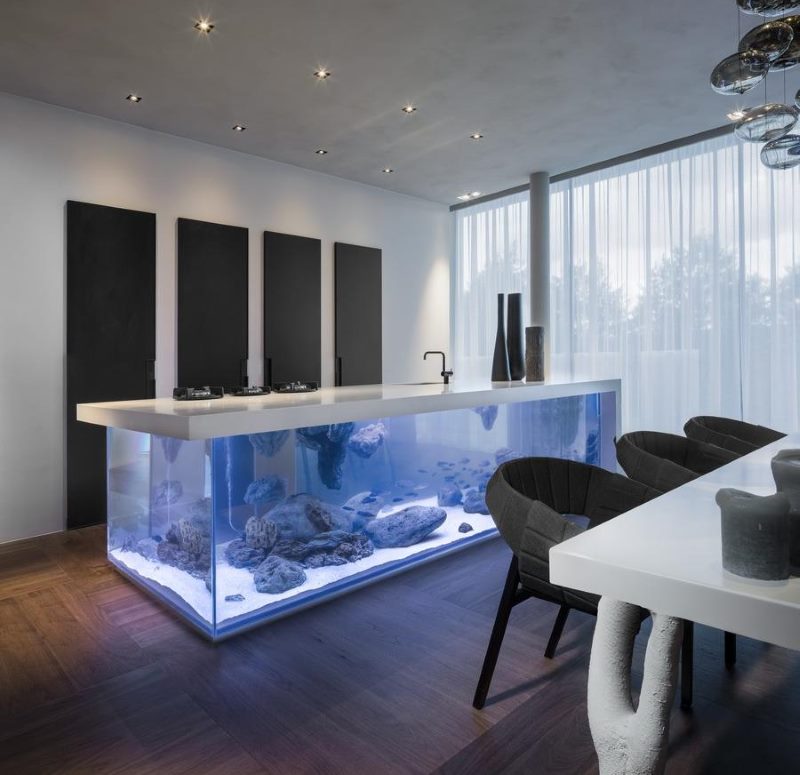 Insula de bucătărie cu un acvariu în interiorul bucătăriei-living